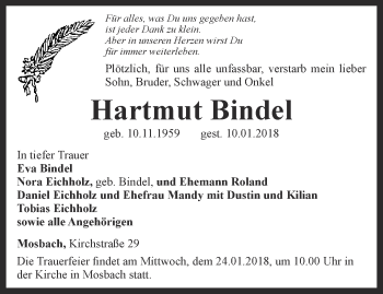 Traueranzeige von Hartmut Bindel von Thüringer Allgemeine, Thüringische Landeszeitung