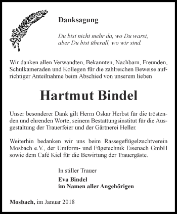 Traueranzeige von Hartmut Bindel von Thüringer Allgemeine, Thüringische Landeszeitung