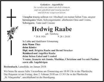 Traueranzeige von Hedwig Raabe von Thüringer Allgemeine