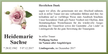 Traueranzeige von Heidemarie Sachse von Thüringer Allgemeine