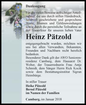 Traueranzeige von Heinz Pätzold von Ostthüringer Zeitung, Thüringische Landeszeitung