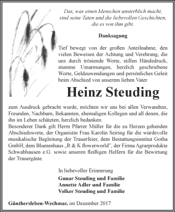 Traueranzeige von Heinz Steuding von Ostthüringer Zeitung, Thüringische Landeszeitung