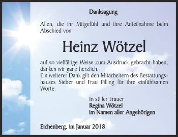 Traueranzeige von Heinz Wötzel von Ostthüringer Zeitung, Thüringische Landeszeitung