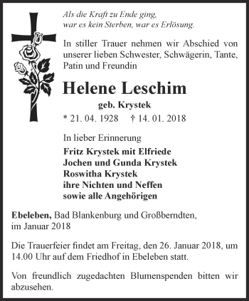 Traueranzeige von Helene Leschim von Thüringer Allgemeine