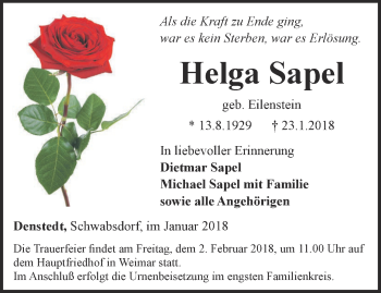 Traueranzeige von Helga Sapel von Thüringer Allgemeine, Thüringische Landeszeitung