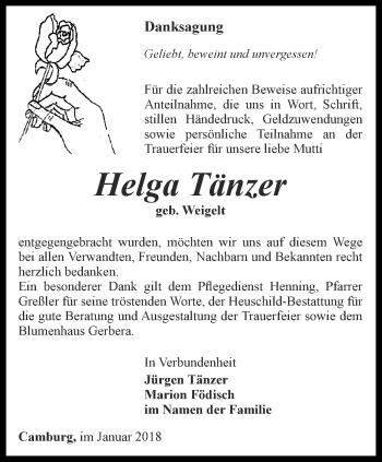 Traueranzeige von Helga Tänzer von Ostthüringer Zeitung, Thüringische Landeszeitung