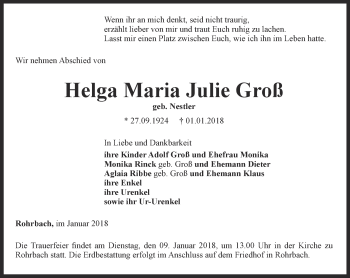 Traueranzeige von Helga Maria Julie Groß von Thüringer Allgemeine, Thüringische Landeszeitung