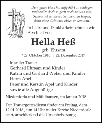 Traueranzeige von Hella Heß von Thüringer Allgemeine, Thüringische Landeszeitung