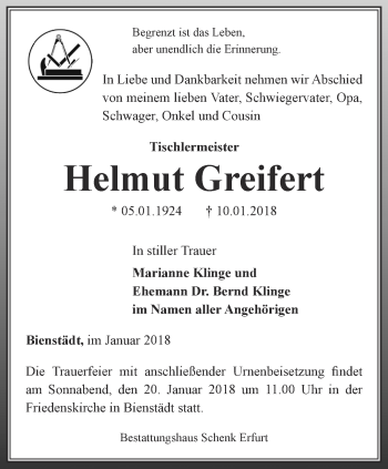 Traueranzeige von Helmut Greifert von Thüringer Allgemeine, Thüringische Landeszeitung