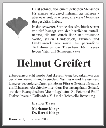 Traueranzeige von Helmut Greifert von Thüringer Allgemeine, Thüringische Landeszeitung