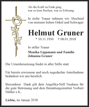 Traueranzeige von Helmut Gruner von Ostthüringer Zeitung