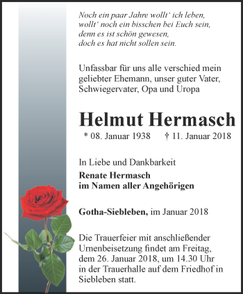 Traueranzeige von Helmut Hermasch von Ostthüringer Zeitung, Thüringische Landeszeitung