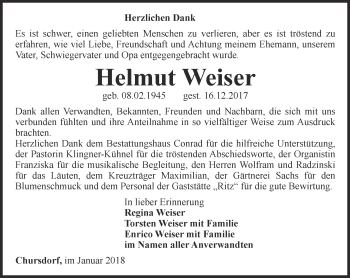 Traueranzeige von Helmut Weiser von Ostthüringer Zeitung