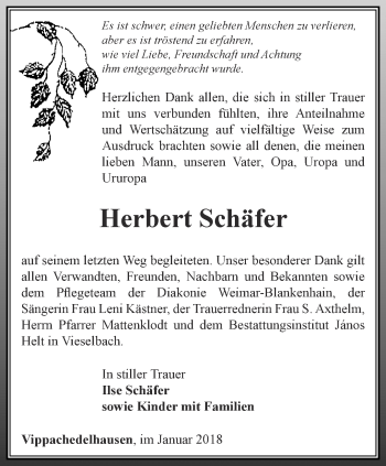 Traueranzeige von Herbert Schäfer von Thüringer Allgemeine, Thüringische Landeszeitung