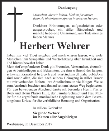 Traueranzeige von Herbert Wehrer von Thüringer Allgemeine