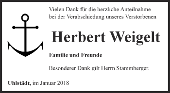 Traueranzeige von Herbert Weigelt von Ostthüringer Zeitung