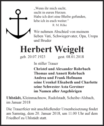 Traueranzeige von Herbert Weigelt von Ostthüringer Zeitung