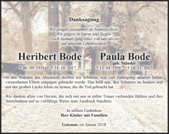 Traueranzeige von Heribert und Paula Bode von Thüringer Allgemeine