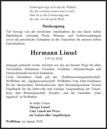 Traueranzeige von Hermann Linsel von Thüringer Allgemeine