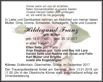 Traueranzeige von Hildegund Franz von Thüringer Allgemeine, Thüringische Landeszeitung