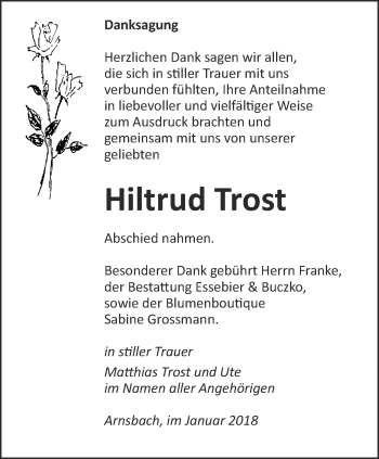 Traueranzeige von Hiltrud Trost von Ostthüringer Zeitung