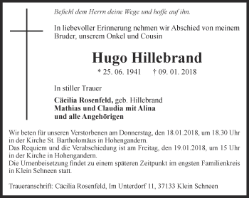 Traueranzeige von Hugo Hillebrand von Thüringer Allgemeine