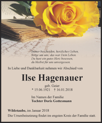 Traueranzeige von Ilse Hagenauer von Ostthüringer Zeitung