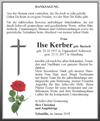 Traueranzeige von Ilse Kerber von Ostthüringer Zeitung