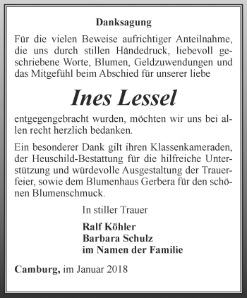 Traueranzeige von Ines Lessel von Ostthüringer Zeitung, Thüringische Landeszeitung