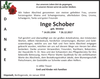 Traueranzeige von Inge Schober von Thüringer Allgemeine, Thüringische Landeszeitung