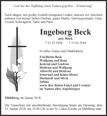 Traueranzeige von Ingeborg Beck von Ostthüringer Zeitung, Thüringische Landeszeitung
