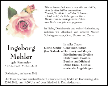 Traueranzeige von Ingeborg Mehler von Thüringer Allgemeine, Thüringische Landeszeitung