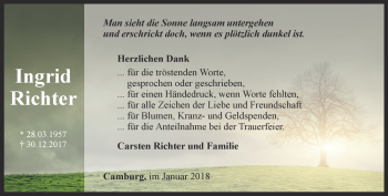 Traueranzeige von Ingrid Richter von Ostthüringer Zeitung, Thüringische Landeszeitung