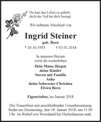 Traueranzeige von Ingrid Steiner von Thüringer Allgemeine, Thüringische Landeszeitung