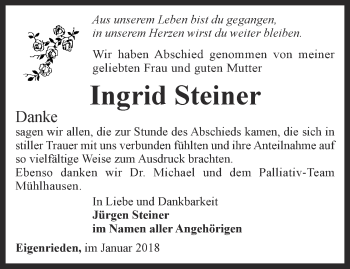 Traueranzeige von Ingrid Steiner von Thüringer Allgemeine, Thüringische Landeszeitung