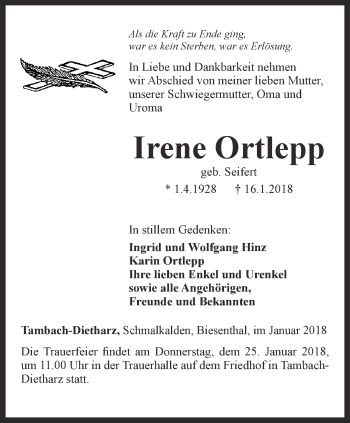 Traueranzeige von Irene Ortlepp von Ostthüringer Zeitung, Thüringische Landeszeitung