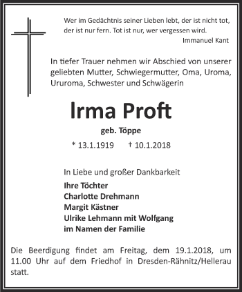 Traueranzeige von Irma Proft von Thüringer Allgemeine, Thüringische Landeszeitung