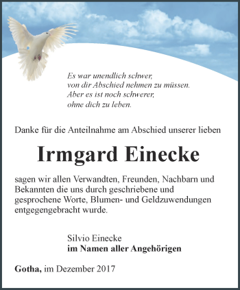 Traueranzeige von Irmgard Einecke von Ostthüringer Zeitung, Thüringische Landeszeitung