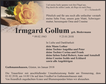 Traueranzeige von Irmgard Gollum von Thüringer Allgemeine