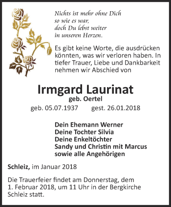 Traueranzeige von Irmgard Laurinat von Ostthüringer Zeitung