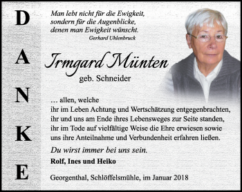 Traueranzeige von Irmgard Münten von Ostthüringer Zeitung, Thüringische Landeszeitung