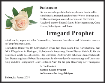 Traueranzeige von Irmgard Prophet von Thüringer Allgemeine