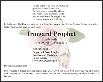 Traueranzeige von Irmgard Prophet von Thüringer Allgemeine