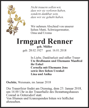 Traueranzeige von Irmgard Renner von Ostthüringer Zeitung