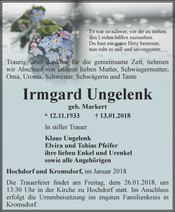 Traueranzeige von Irmgard Ungelenk von Thüringer Allgemeine, Thüringische Landeszeitung