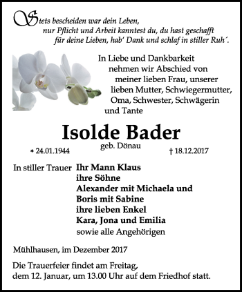 Traueranzeige von Isolde Bader von Thüringer Allgemeine, Thüringische Landeszeitung