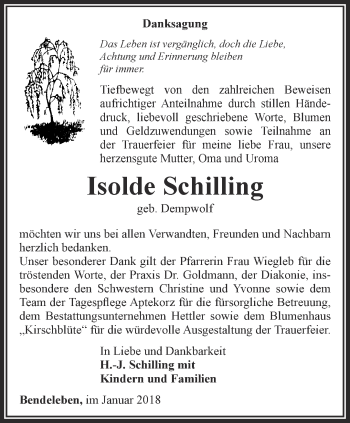 Traueranzeige von Isolde Schilling von Thüringer Allgemeine