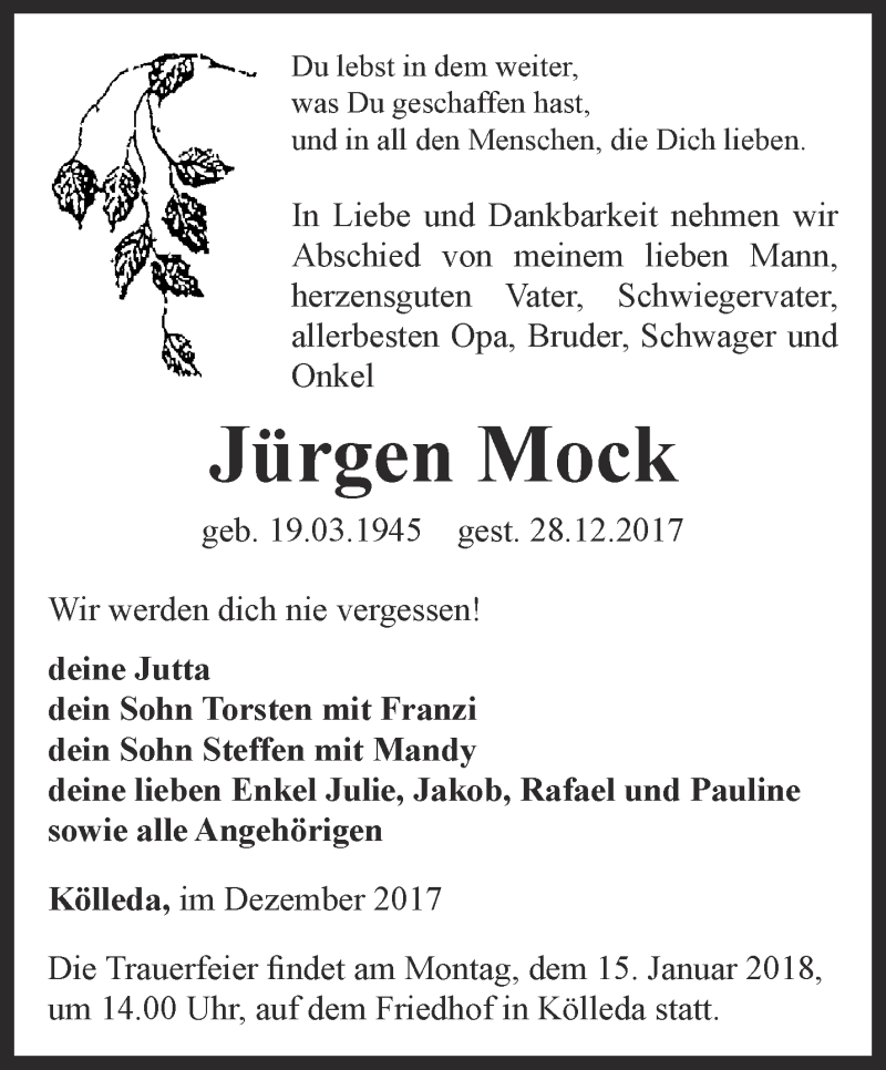Traueranzeigen von Jürgen Mock | trauer-in-thueringen.de