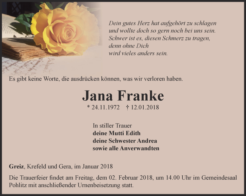  Traueranzeige für Jana Franke vom 18.01.2018 aus Ostthüringer Zeitung