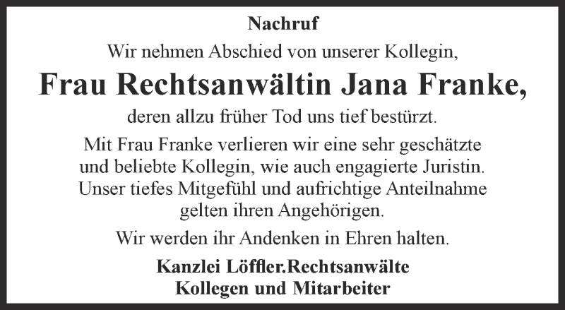  Traueranzeige für Jana Franke vom 27.01.2018 aus Thüringer Allgemeine, Thüringische Landeszeitung